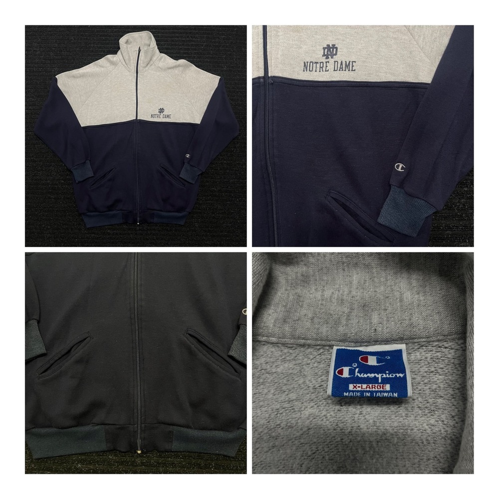 Vintage 80s Champion Notre Dame Track Jacket Mens XL Navy/Gray Full Zip
